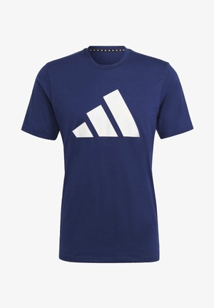 Navyblaue Baumwoll-T-Shirt mit einem großen weißen Adidas-Logo auf der Vorderseite. Rundhalsausschnitt und kurze Ärmel. Mattes Material.