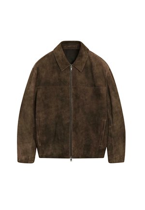 Brown suede jacket with a collared neckline, front zip closure, two side pockets, and visible stitching accents. Smooth, textured finish.