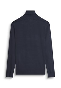 Tamno plavi pulover sa visokim kragnom, dugim rukavima, rebrastim manžetama i glatkom teksturom. Ima suptilne detalje na ramenima.