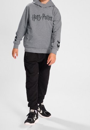 Gray hoodie with "Harry Potter" logo, black accents on sleeves, paired with black joggers and black sneakers with white details.