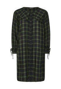 Schwarz-grünes karriertes Kleid mit großem Kragen, Knopfleiste und Dreiviertelärmeln mit Bindebändern.