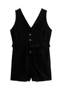 Jumpsuit noir sans manches en tissu avec un décolleté en V, boutons en bois, taille ceinturée et coupe décontractée. Pas de poches visibles.