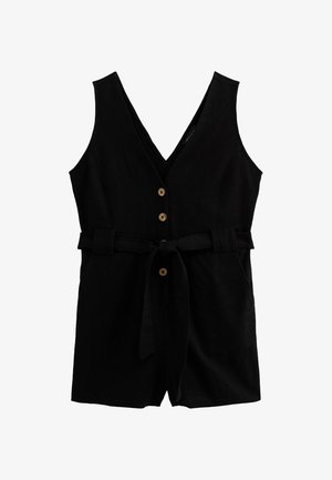Jumpsuit nero senza maniche realizzato in tessuto con scollatura a V, bottoni in legno, vita con cintura e vestibilità comoda. Nessuna tasca visibile.
