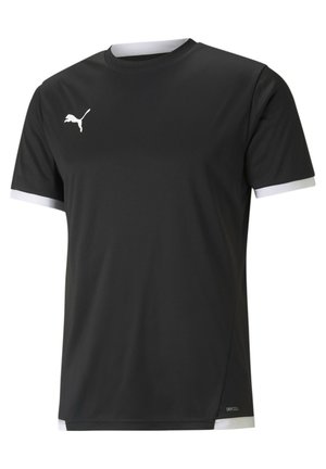 Sort sportst-shirt med korte ærmer og hvid kant på manchetter og kant, med hvidt Puma-logo på brystet og teksten "DRYCELL" nær bunden.