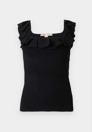 Μαύρο αμάνικο ριμπ πουκάμισο με τετράγωνη λαιμόκοψη και βολάν κατά μήκος των ώμων και του πάνω μέρους του στήθους.