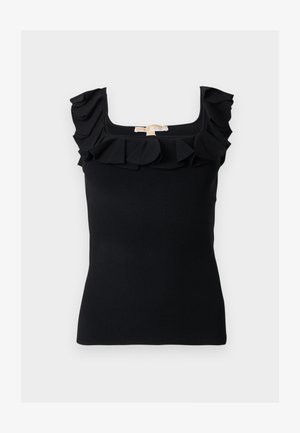 Μαύρο αμάνικο ριμπ πουκάμισο με τετράγωνη λαιμόκοψη και βολάν κατά μήκος των ώμων και του πάνω μέρους του στήθους.