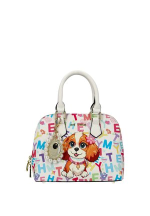 Geantă albă cu litere colorate, un câine de desene animate cu guleraș de flori și o breloc cu perle suspendat cu un design de ochi.