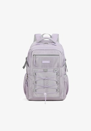Sac à dos violet clair avec des accents gris, plusieurs compartiments, fermetures à zip, devant en maille et bretelles ajustables pour le confort et l'utilité.