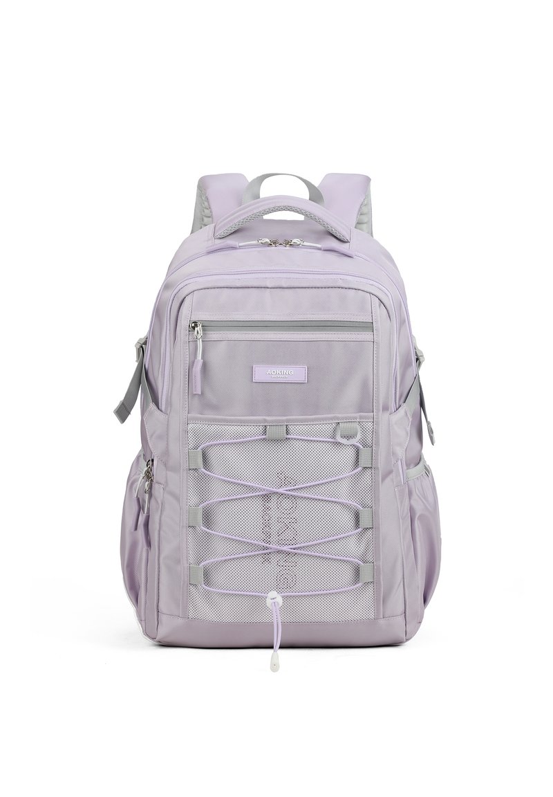 Zaino lilla con accenti grigi, diverse tasche, chiusure con zip, fronte in rete e spallacci regolabili per comfort e utilità.