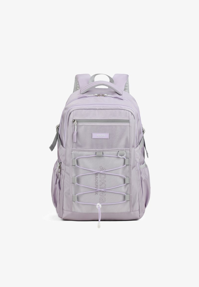 Lichtpaarse rugzak met grijze accenten, meerdere compartimenten, ritssluitingen, een mesh voorkant en verstelbare banden voor comfort en functionaliteit.