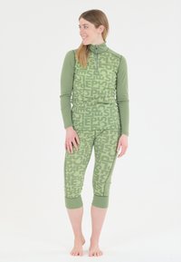 Olive green activewear set with a half-zip top and cropped leggings, featuring a repeating text pattern in a lighter shade of green.