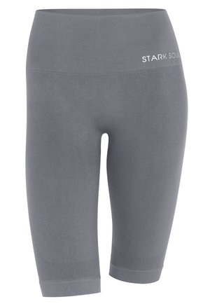 Gray athletic shorts made from stretchy material, featuring a high waistband with "STARK SOUL" logo and textured accents at the hem.