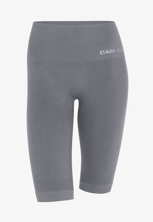 Gray athletic shorts made from stretchy material, featuring a high waistband with "STARK SOUL" logo and textured accents at the hem.