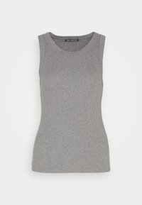 Szary bawełniany top na ramiączkach z zaokrąglonym dekoltem, bez rękawów, dopasowany, o gładkiej fakturze i prostym, bezszwowym wyglądzie.