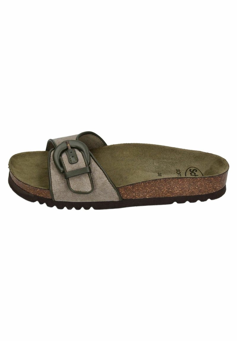 Sandale plateforme avec semelle intérieure en daim vert olive, semelle en liège et bride en tissu taupe avec une grande boucle vert foncé.