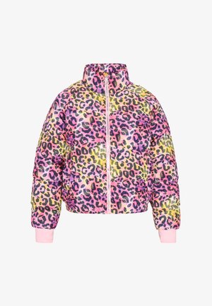 Bélelt dzseki színes leopárd mintával, rózsaszín, sárga és fekete színekben, elülső cipzárral és rózsaszín bordás mandzsettákkal.