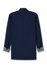 Marineblaue Langarmbluse mit strukturiertem Kragen und gemusterten Manschetten. Sie zeichnet sich durch eine glatte Textur und einen geraden Schnitt aus.