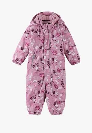 Pink floral patterned one-piece snowsuit with a hood, elastic cuffs, zippers, and foot loops; made from waterproof material.