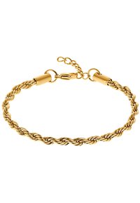 Bracciale in catena intrecciata dorata con chiusura e lunghezza regolabile. Texture liscia con finitura lucida, caratterizzato da un design semplice ed elegante.