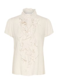 Witte blouse met korte mouwen, gemaakt van lichtgewicht stof met een rimpelontwerp aan de voorkant en een hoge, gerimpelde kraag. Zachte textuur en ontspannen pasvorm.