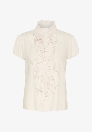 Weiße Kurzarmbluse aus leichtem Stoff mit einem gerafften Frontdesign und einem hohen, gerafften Kragen. weiche Textur und lockere Passform.