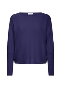 Sötétkék, hosszú ujjú felső, laza szabással, kerek nyakkivágással és bordás mandzsettával. Puha anyag, sima felülettel, minimalista dizájn.