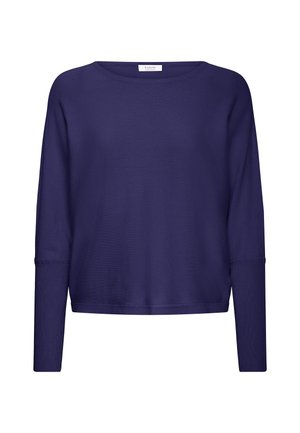 Sötétkék, hosszú ujjú felső, laza szabással, kerek nyakkivágással és bordás mandzsettával. Puha anyag, sima felülettel, minimalista dizájn.