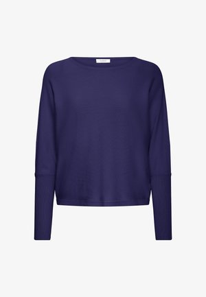 Sötétkék, hosszú ujjú felső, laza szabással, kerek nyakkivágással és bordás mandzsettával. Puha anyag, sima felülettel, minimalista dizájn.