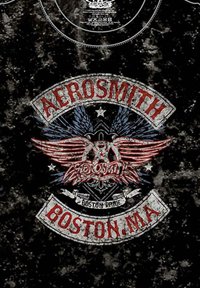 Black graphic t-shirt featuring a distressed design. Red and blue badges with wings, text "AEROSMITH" and "BOSTON, MA", and stars.