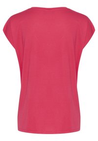 Top corto rosa a maniche corte, scollo rotondo, tessuto morbido, vestibilità rilassata, senza fantasie né accessori, texture liscia, design posteriore semplice.