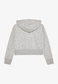 Sweat à capuche gris coupé avec une texture douce et brossée, une capuche spacieuse et des poignets côtelés. Présente un design minimaliste avec un accent en bande logotypée.
