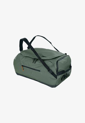 Green duffel bag made of durable fabric with a zippered pocket, padded shoulder strap, and logo detail. Features a top flap and rectangular shape.