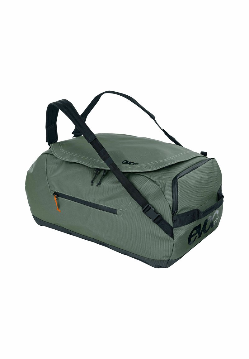 Green duffel bag made of durable fabric with a zippered pocket, padded shoulder strap, and logo detail. Features a top flap and rectangular shape.