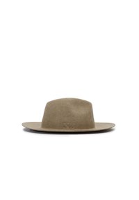 Beige felt hat with a wide, flat brim and a rounded crown. Subtle textural detail and stitching along the edge.