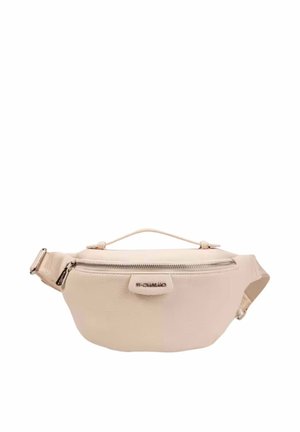 Banane en cuir beige avec poche zippée à l'avant, poignée supérieure et sangle réglable pour un port mains libres.