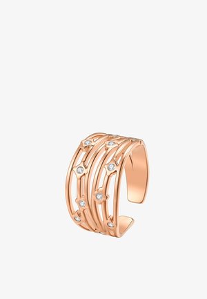 Breiter offener Ring aus Roségold mit mehreren dünnen Bändern und kleinen runden weißen Edelsteinen, die gleichmäßig über die Oberfläche verteilt sind.