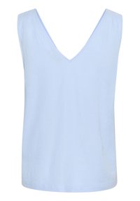 Haut sans manches bleu clair avec un décolleté en V profond, fabriqué en tissu doux. Présente une coupe simple et droite, sans motifs ni accents visibles.