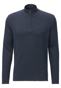 Mörkblå långärmad stickad tröja med halvdragkedja och mockhalskrage samt ribbad textur.