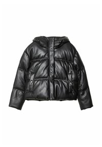 Black puffer jacket made from shiny faux leather. Features a hood, quilted pattern, front snap pockets, and a cropped design.