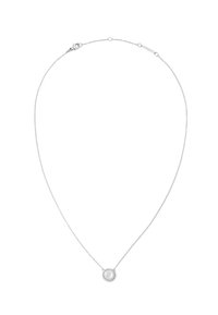 Colier din argint cu un pandantiv circular ce include o piatră înconjurată de mici accente, având un finisaj neted și un design delicat.