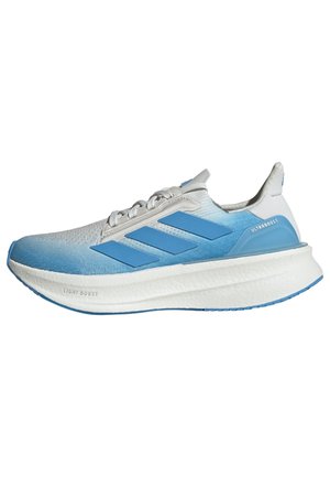 Lightweight running shoe featuring a gradient blue mesh upper and a white BOOST midsole. Three blue stripes on the side for branding.