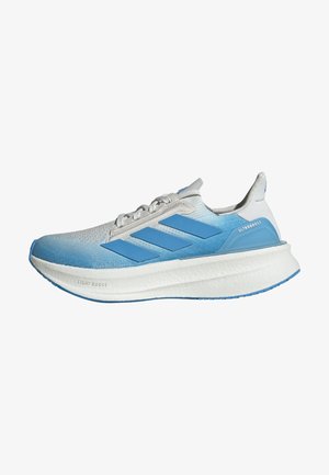 Lightweight running shoe featuring a gradient blue mesh upper and a white BOOST midsole. Three blue stripes on the side for branding.