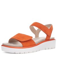 Orange suede open-toe sandal with adjustable ankle and front straps, cushioned beige footbed, and thick white textured sole.