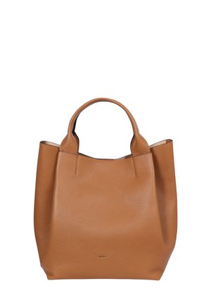 Tan leather tote bag with two short handles, minimalist design, textured surface, and subtle gold logo at the bottom.