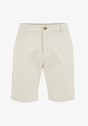 Bežiniai medvilniniai šortai su tekstūruotu raštu, turintys mygtuką, diržo kilpas ir tiesų siluetą. Iškirptė baigiasi ties vidiniu šlaunimi.