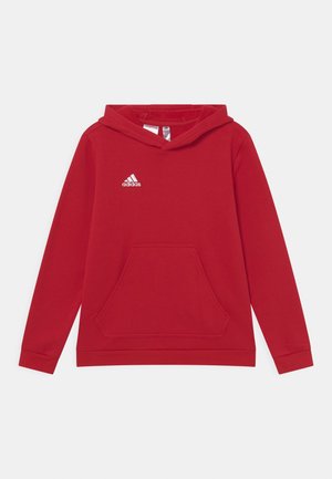 Rode hoodie met een voork Pocket, gemaakt van een katoenmix. Bevat een wit Adidas-logo op de borst en rib gebreide manchetten.