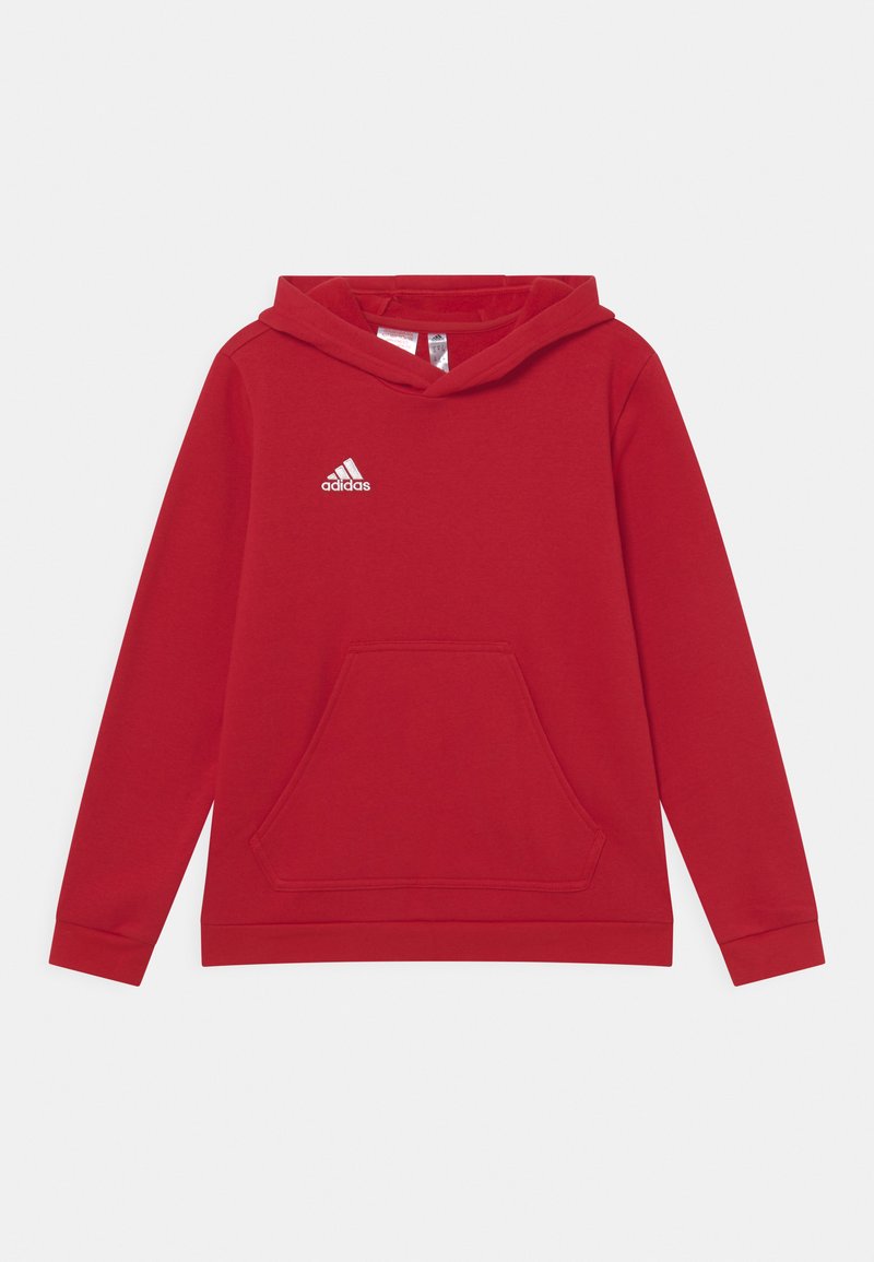 Sweatshirt à capuche rouge avec une poche avant, fabriqué en tissu mélangé coton. Présente le logo blanc d'Adidas sur la poitrine et des poignets côtelés.
