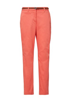Coral slim-fit trousers with front pockets and a brown leather belt with a silver buckle on a white background.