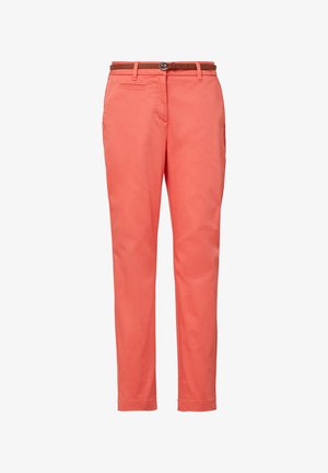 Coral slim-fit trousers with front pockets and a brown leather belt with a silver buckle on a white background.