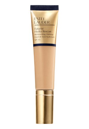 Estée Lauder Futurist Hydra Rescue tube, beige kleur, met gouden en marineblauwe accenten, beschikt over een brede nozzle voor eenvoudige dosering en SPF 45.